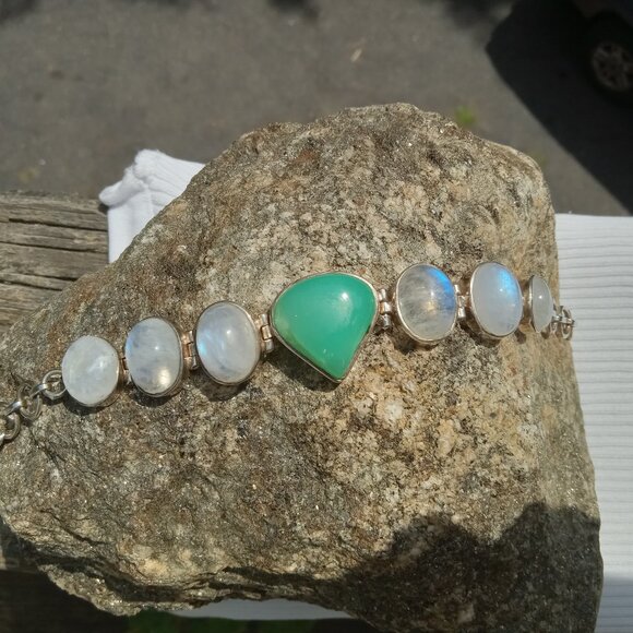 Stunning Chrysoprase And Moonstone 925 Bracelet - Picture 1 of 4